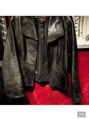 Black Leather Embossed Collar Jacket - Women
